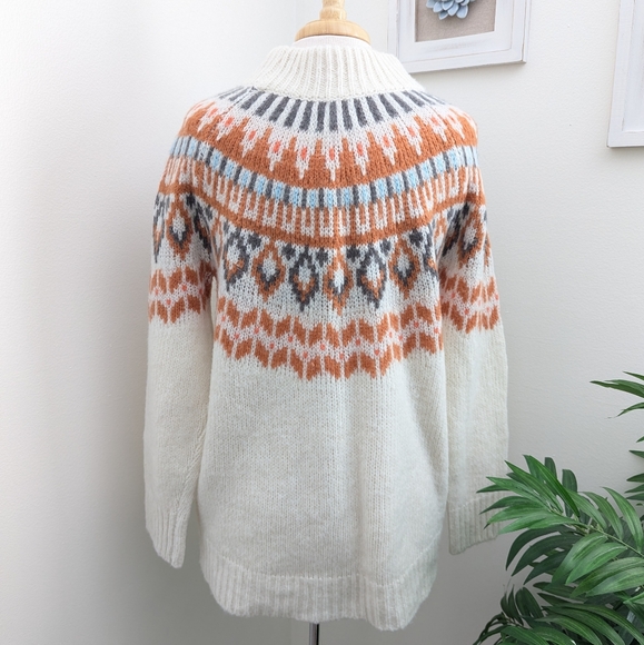 Aerie Fair Isle Mock Neck Oversized Chunky Knit Sweater Cream Rust Small - Picture 7 of 10